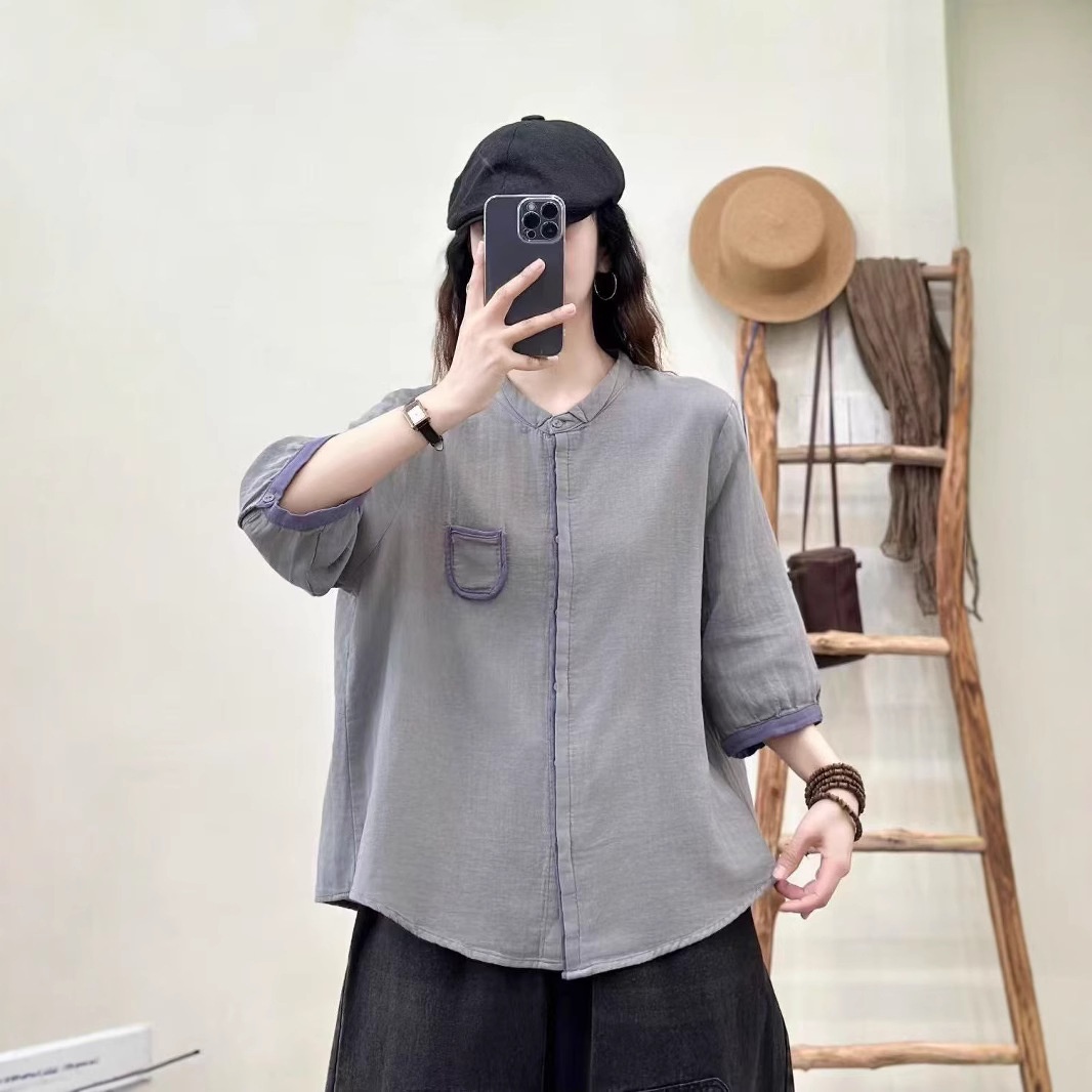 2025夏季新款双层纱短袖拼色衬衫单排扣显瘦轻薄透气气质小衫女