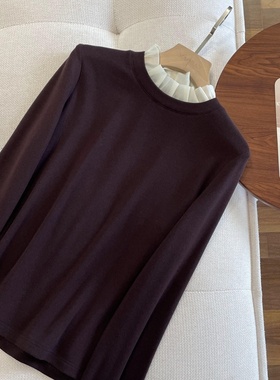 巨好穿~刻入DNA！法式木耳边欧根纱拼接拉绒磨毛加厚打底T恤女