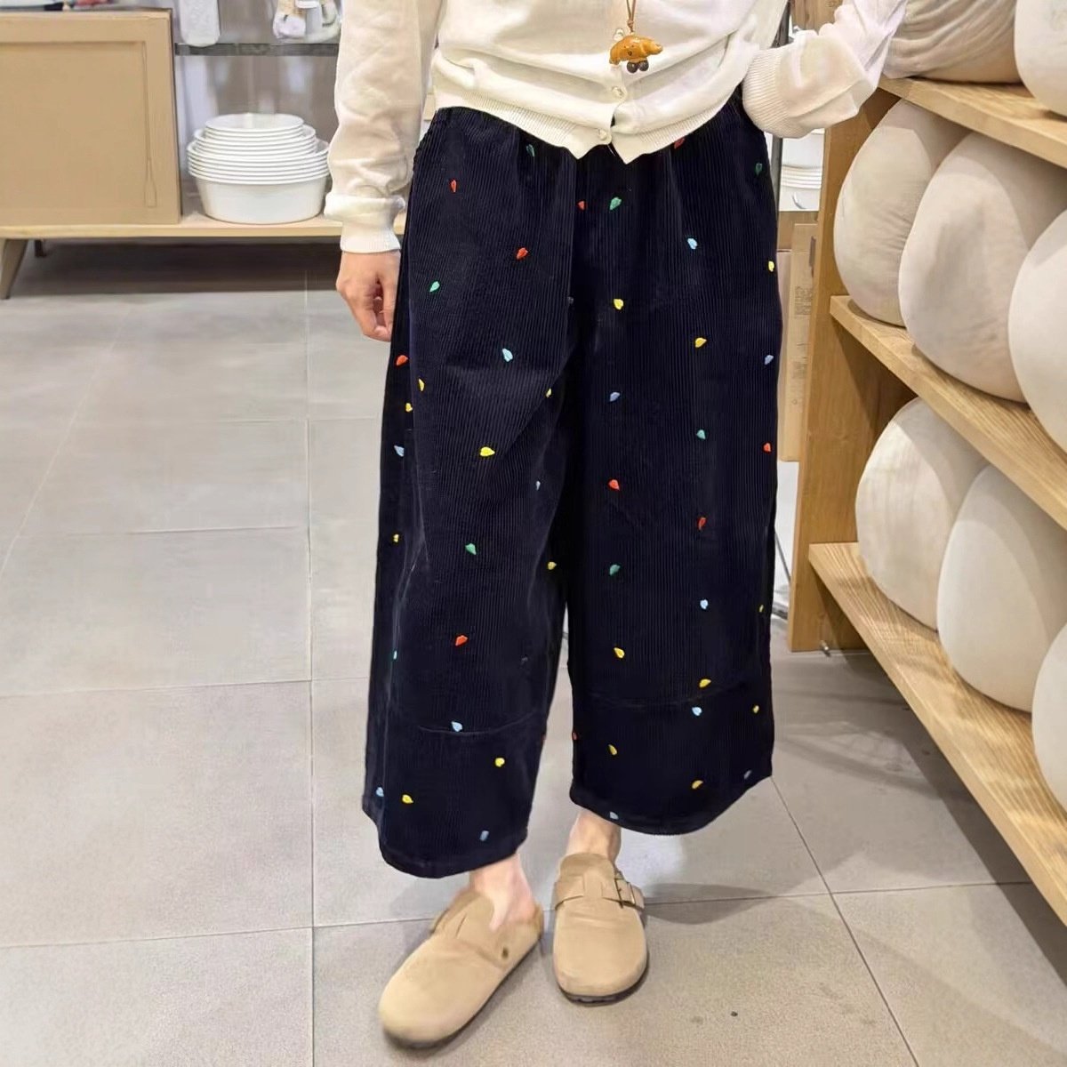 藏青色爱心刺绣阔腿休闲裤女秋冬新款灯芯绒加绒宽松九分萝卜裤子