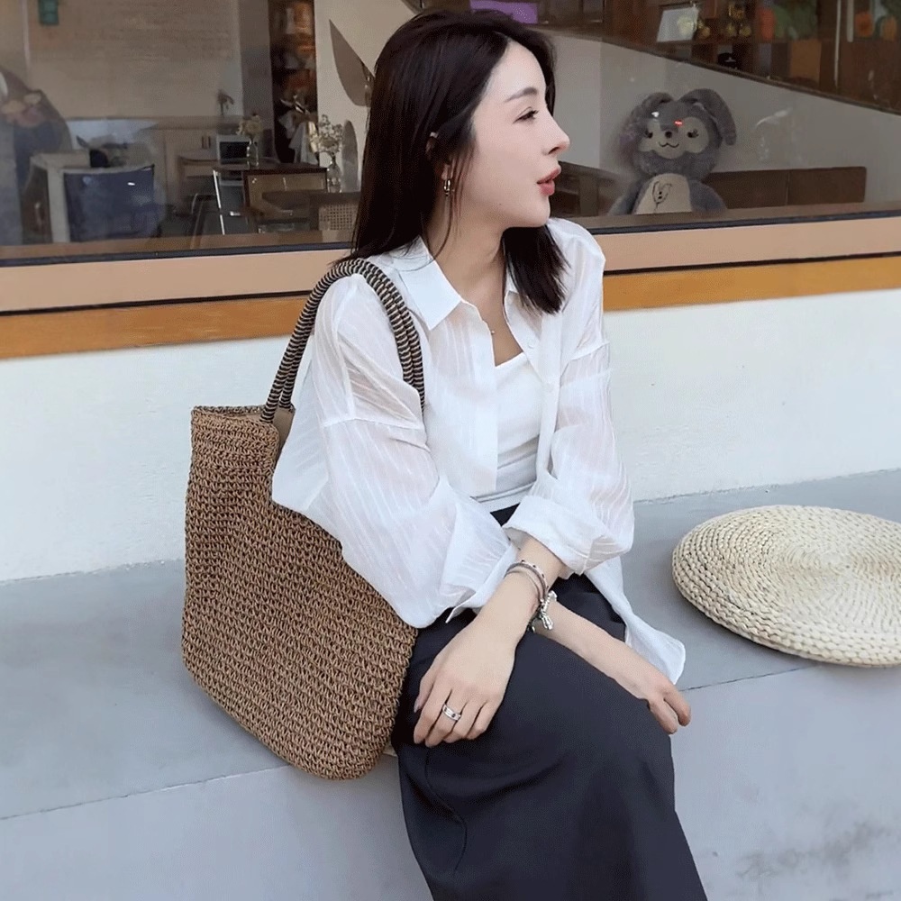 防晒衬衫女夏季天丝条纹衬衣2025年新款外穿薄款外套法式宽松