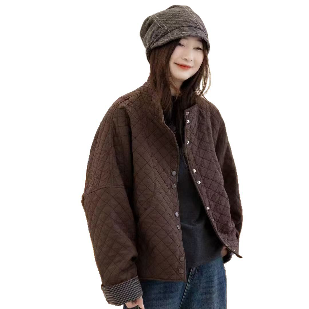 25冬款棉衣外套女宽松休闲韩版学院风菱形格棉服加厚保暖新款棉袄