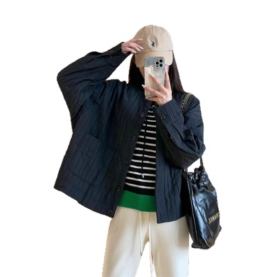 WTHEONE韩系休闲条纹绗绣压花小个子宽松显瘦圆领夹克外套女2025