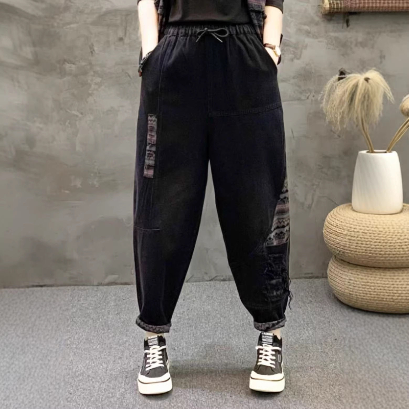 26年春款牛仔裤女拼接新款复古松紧腰牛仔裤新款哈伦裤子韩版裤子