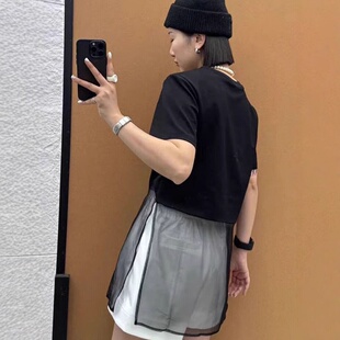 夏季 女t恤2025新款 网纱拼接上衣 松紧腰短裤 中长款 套装 黑色短袖