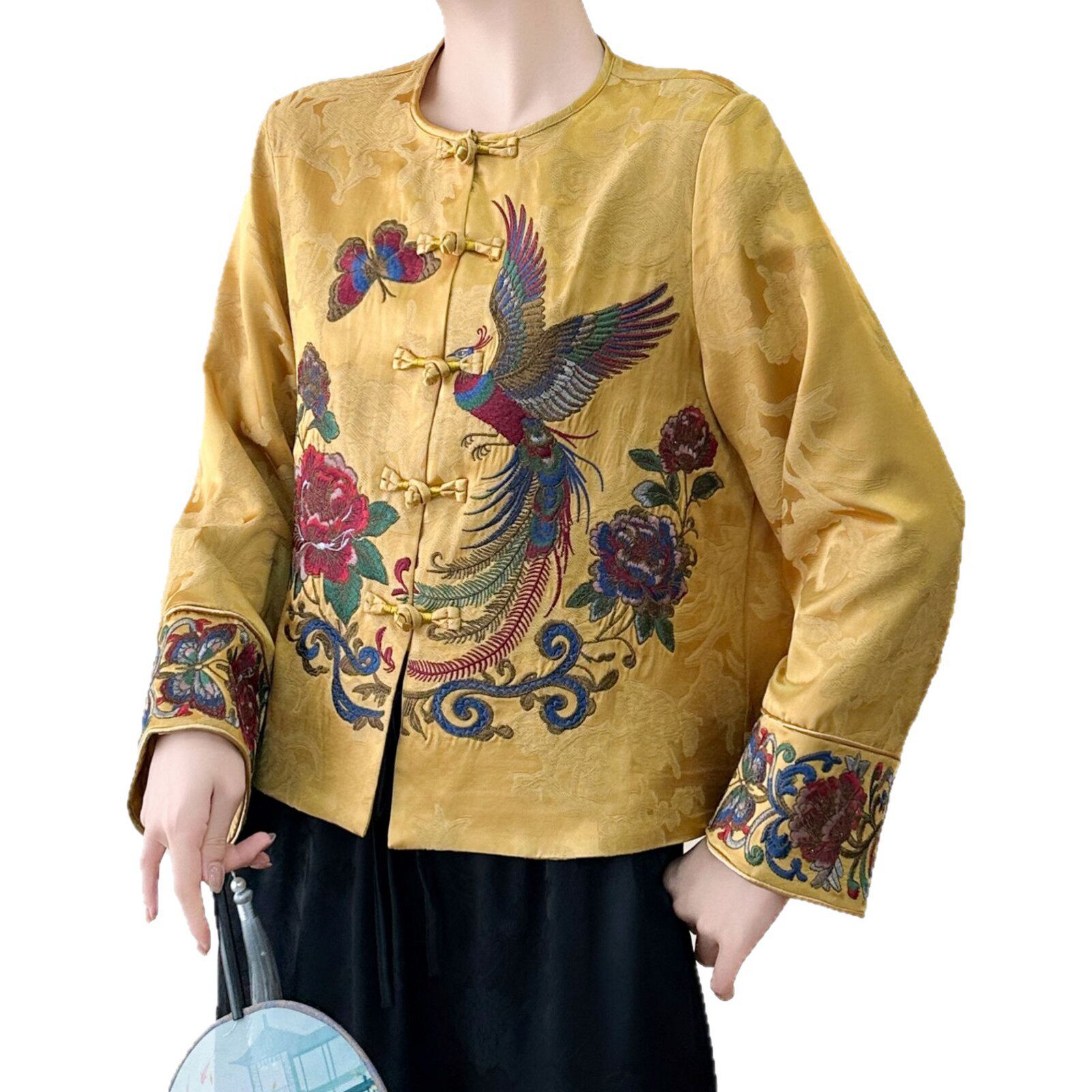 26年春款外套女复古刺绣缎面民族风外套长袖上衣圆领国风外套上衣