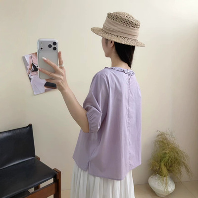 短袖T恤女短款夏季时尚宽松显瘦文艺减龄洋气衬衫上衣跨境货源