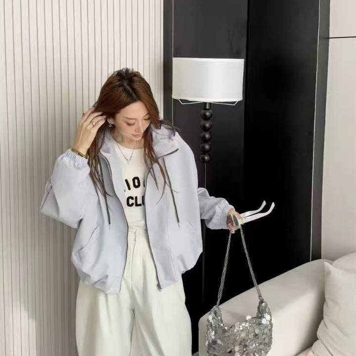 2026年春款外套女长袖连帽撞色拉链新款外套开衫宽松休闲韩版上衣