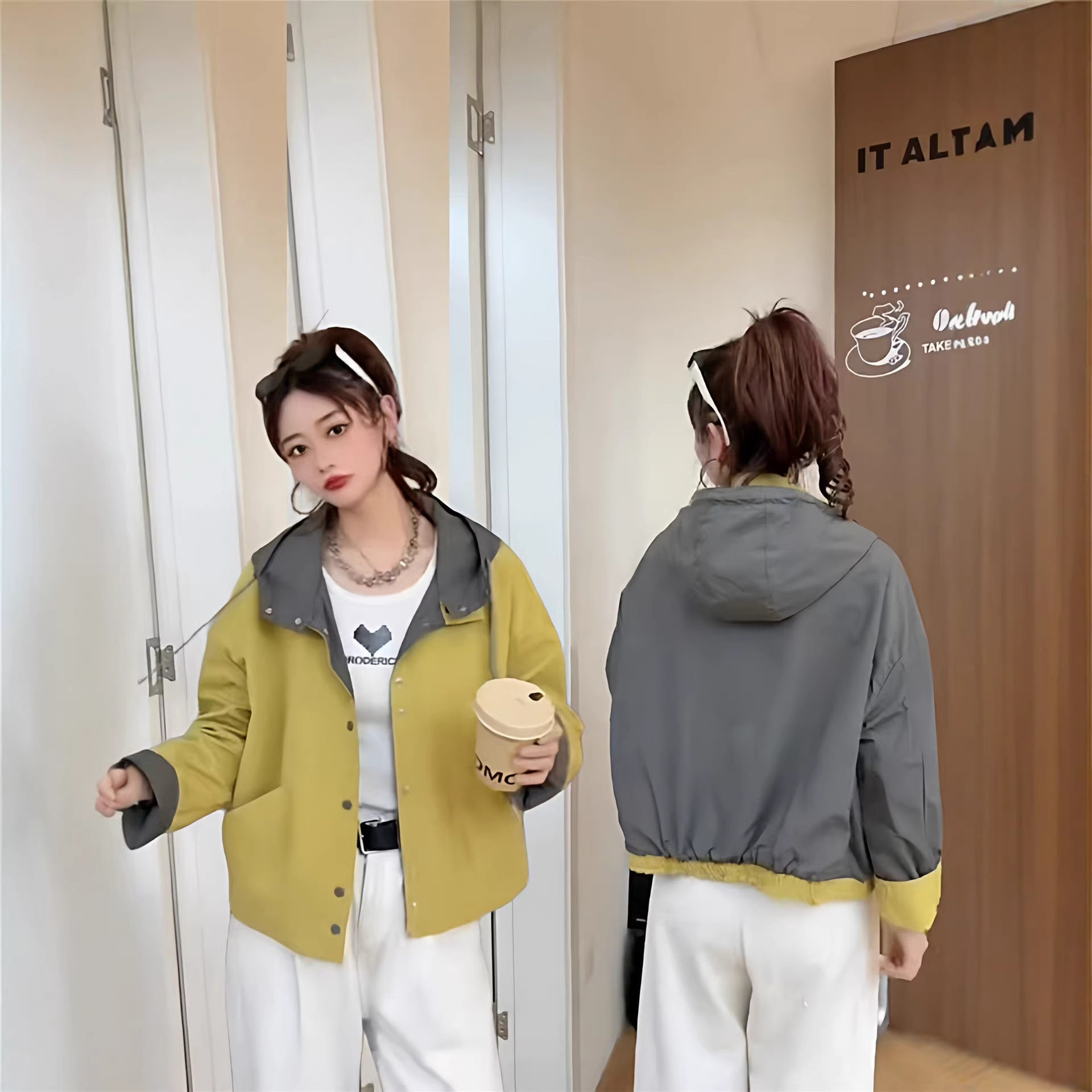 设计感两面穿连帽外套女春季新款2026宽松百搭时尚显瘦冲锋衣上衣