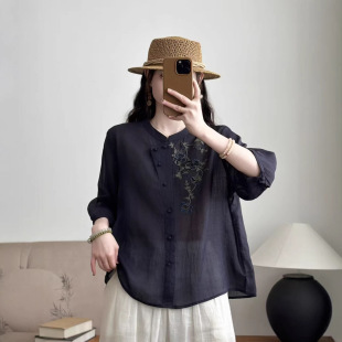 小衫 上衣新款 女半袖 国风衬衫 衬衣 刺绣苎麻立领衬衣半袖 26年春夏款