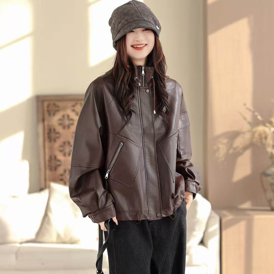2026年春款皮衣外套女宽松休闲韩版学院风长袖开衫外套新款慵懒风