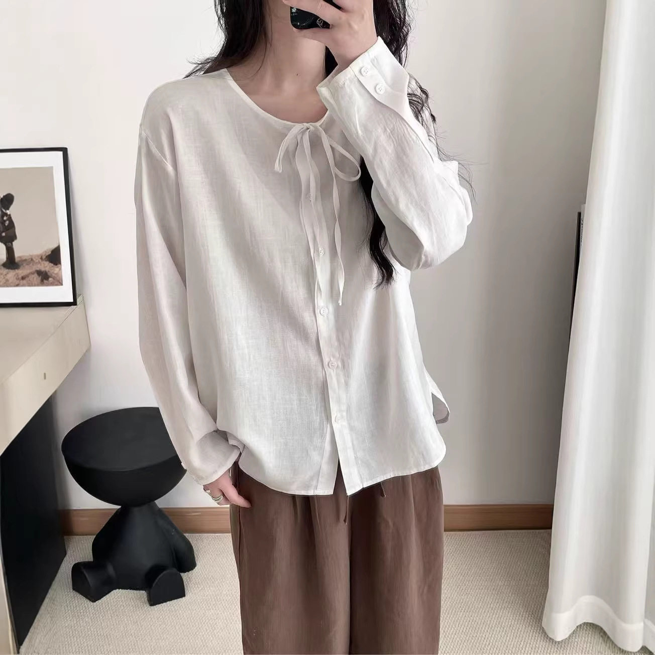 2026年春款衬衫长袖女系带新款衬衣天丝亚麻宽松休闲韩版上衣亲肤