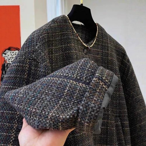 圆领粗花呢外套女2025秋冬新款韩版短款小个子呢子大衣宽松夹克女