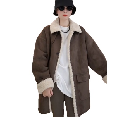 韩系麂皮绒羊羔毛外套女秋冬2025新款宽松显瘦保暖中长款皮毛一体