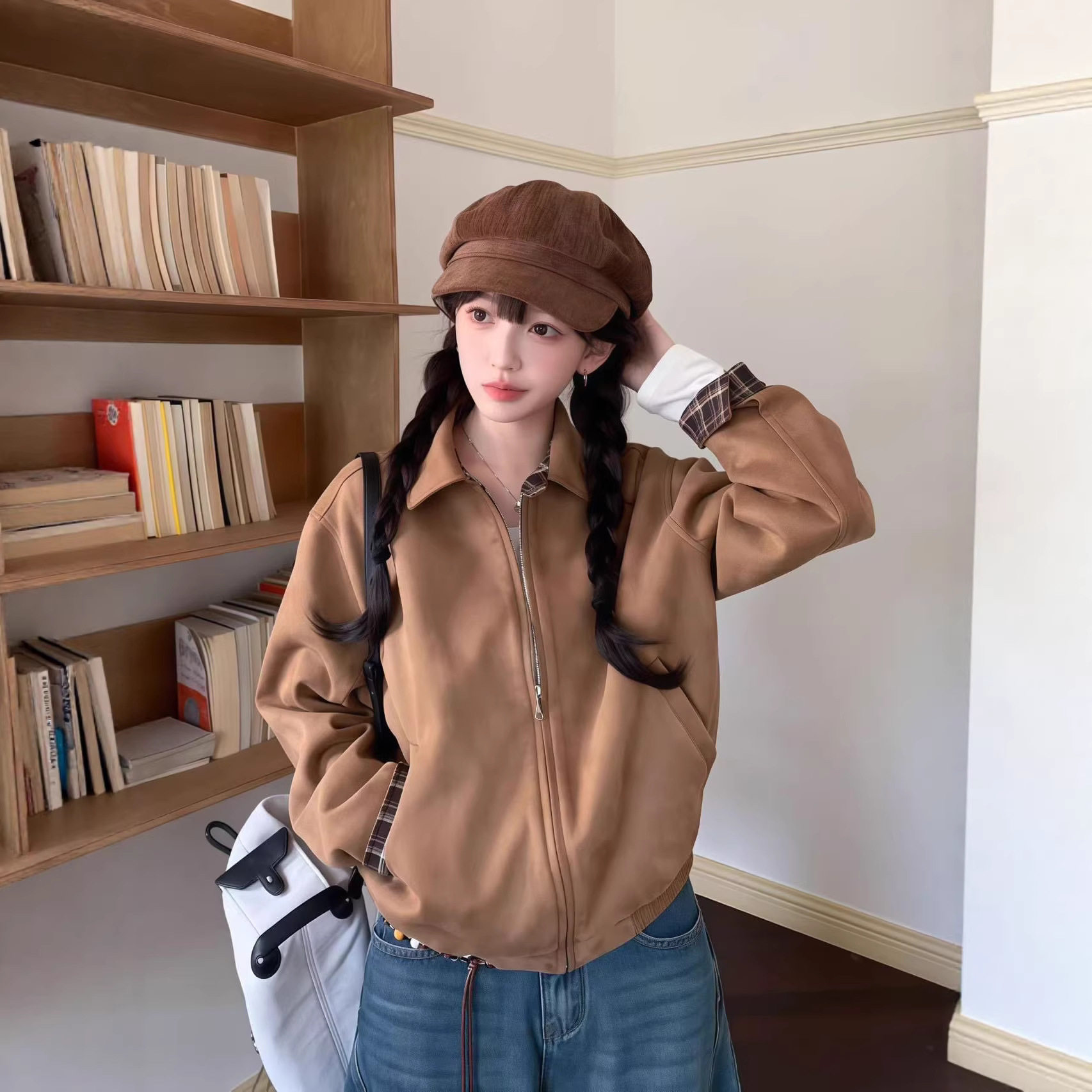 2026年春款外套女麂皮绒长袖开衫新款外套拼格袖口慵懒风外套上衣