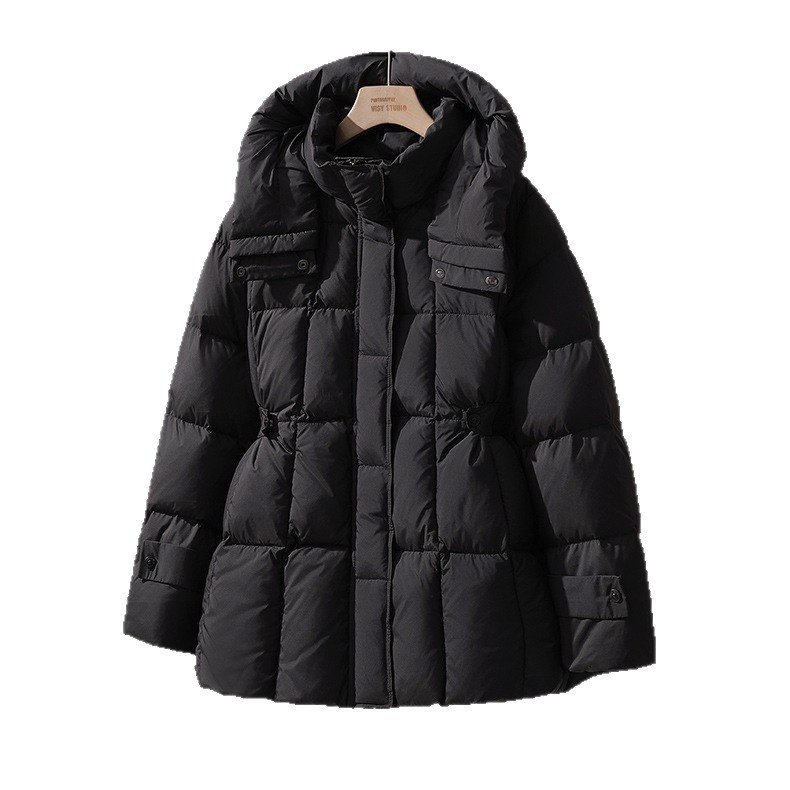 小个子黑色连帽鸭绒外套2025秋冬女装修身收腰显瘦中长款羽绒服女