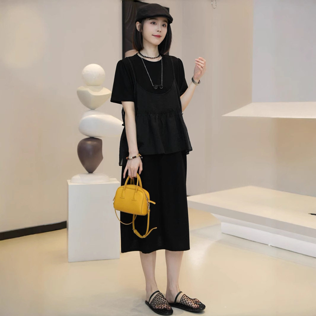 时尚假两件吊带衫拼接短袖连衣裙女士夏季薄款宽松显瘦中套装