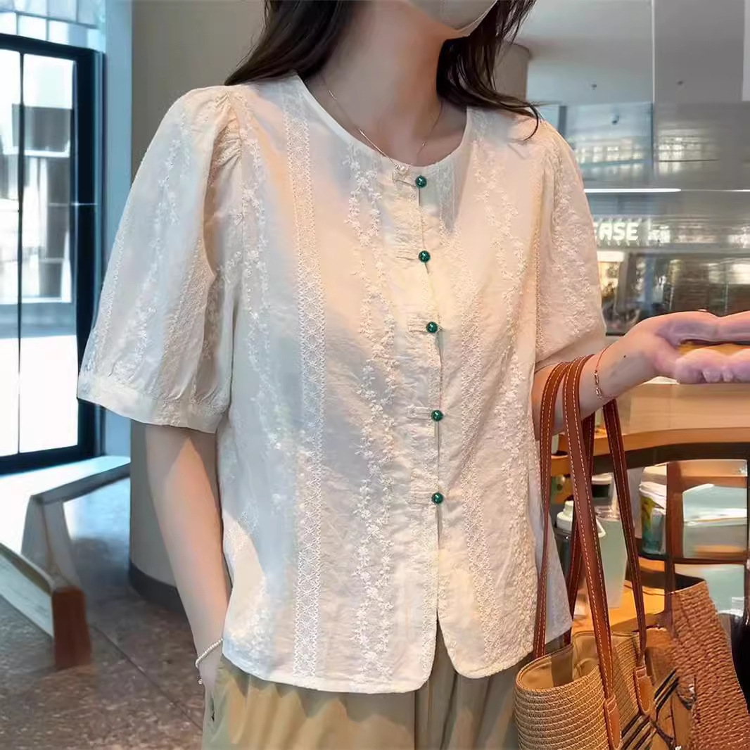 2024夏季雪纺短袖薄款衬衫女新款蕾丝刺绣宽松遮肚子显瘦上衣