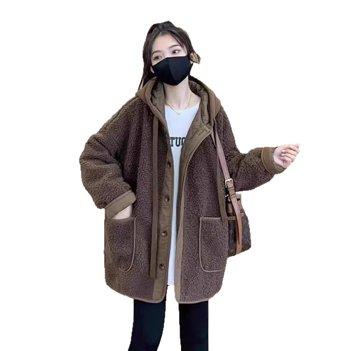 2025年冬款皮毛一体女连帽宽松休闲加厚保暖羊羔毛外套学院风上衣