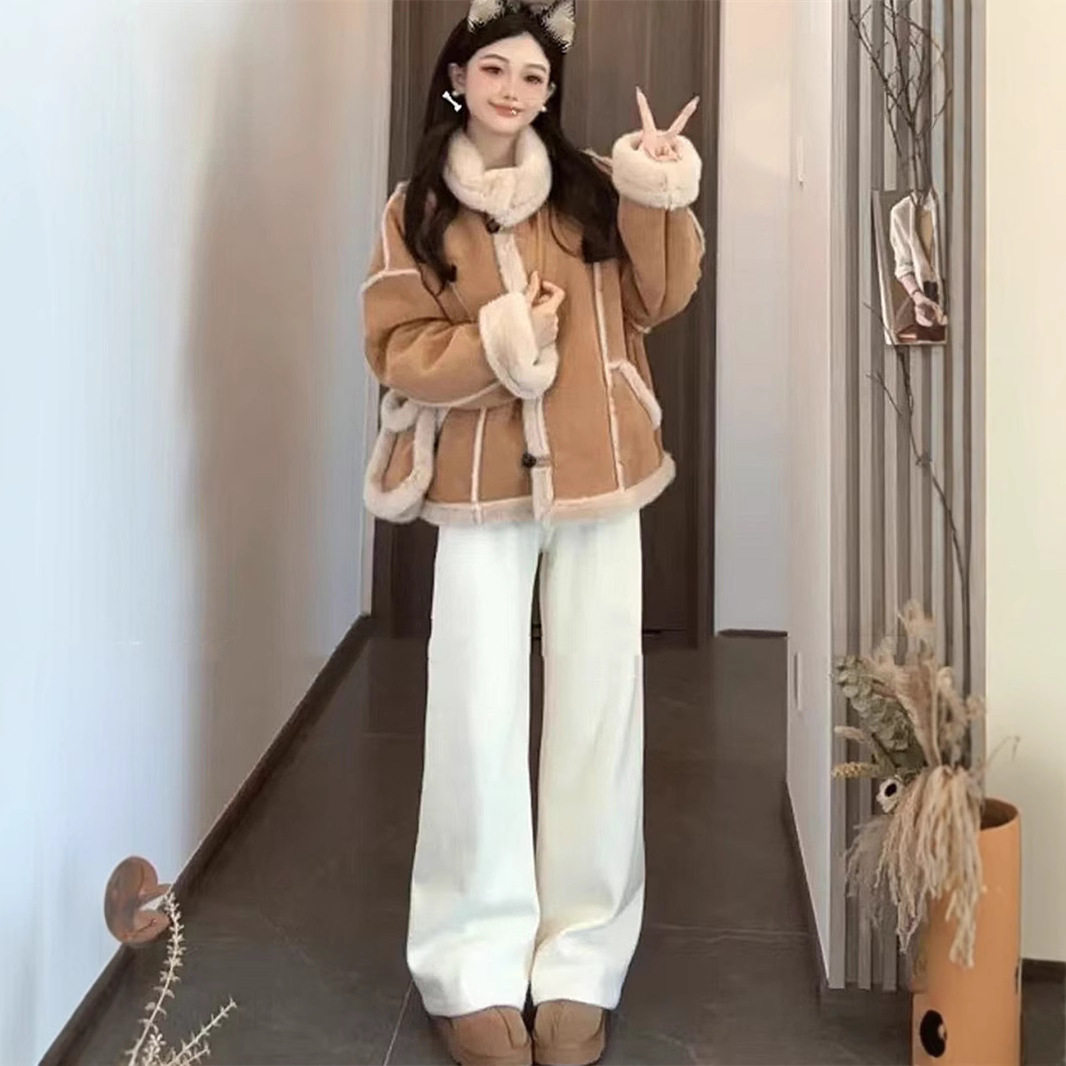 短款立领加厚皮毛一体外套女2024冬季新款时尚百搭保暖毛毛羊羔毛