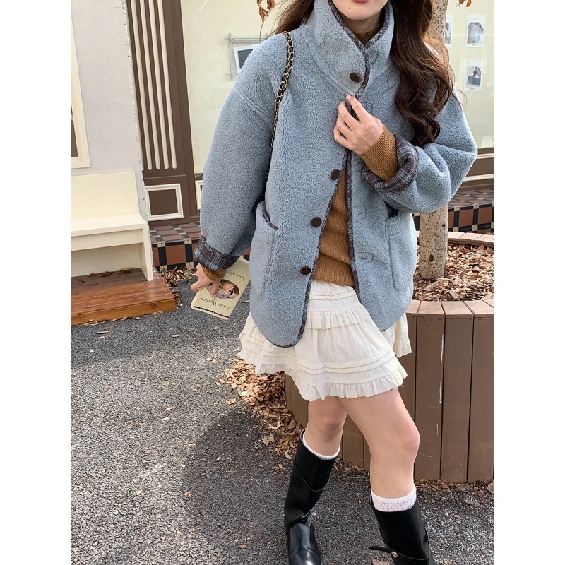 3th Morning 两面穿法 韩版格纹拼接仿羊羔毛保暖外套ZY3602