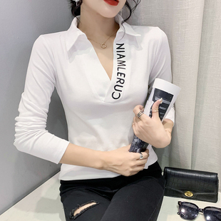 欧货洋气上衣修身 POLO衫 V领T恤女长袖 百搭打底衫 新款 2024秋装 时尚