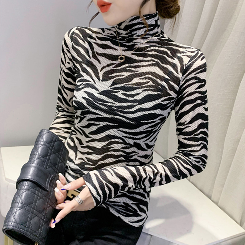 秋冬欧货斑马纹高领打底衫女长袖