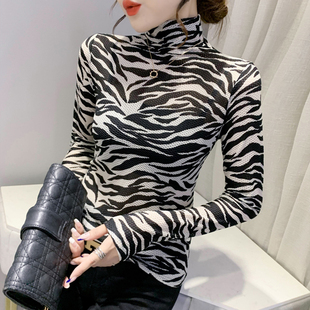 修身 欧货高领t恤女长袖 秋冬新款 洋气斑马纹打底衫 潮 网纱上衣小衫