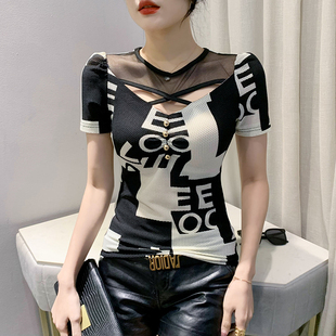 时尚 新款 夏装 潮 显瘦半袖 小衫 印花网纱上衣修身 性感镂空T恤女短袖