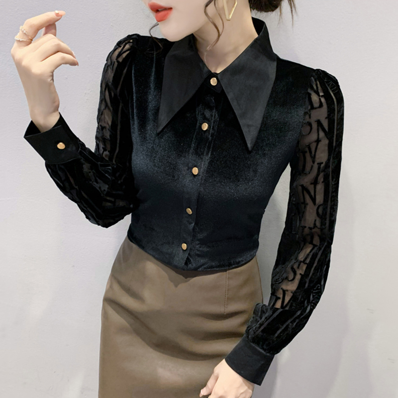 金丝绒欧货翻领洋气修身百搭衬衫