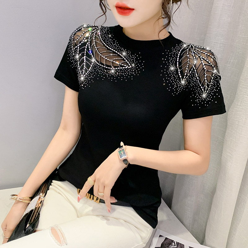 性感镂空短袖时尚烫钻设计感上衣