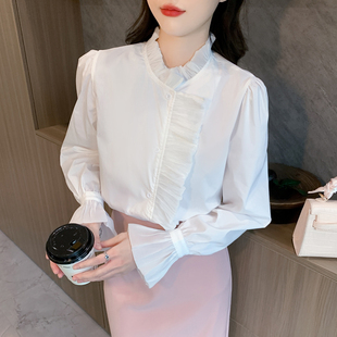 千金法式宫廷风木耳荷叶花边立领白色衬衫女春秋新款百搭长袖上衣