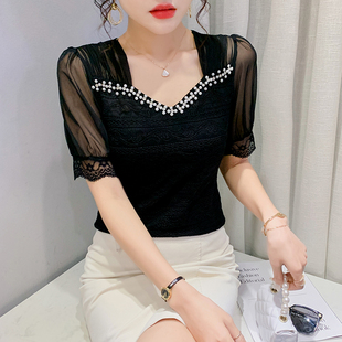 小衫 性感气质V领蕾丝T恤女短袖 半袖 夏装 洋气网纱拼接钉珠上衣修身