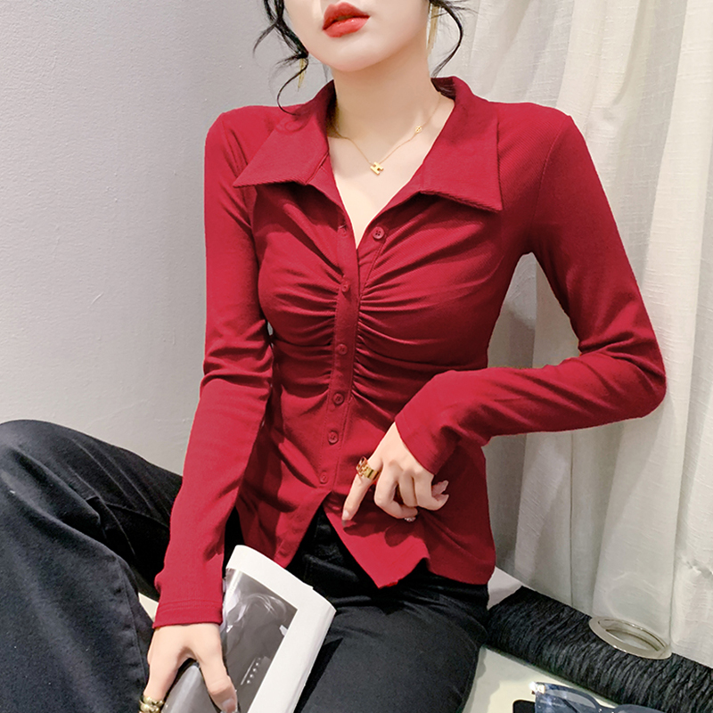 气质POLO翻领褶皱衬衫女