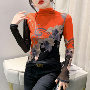 设计感印花打底衫 女秋冬洋气网纱内搭长袖 t恤半高领加绒上衣小衫