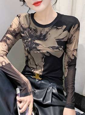 欧货水墨画印花打底衫女春秋新款性感网纱长袖t恤修身百搭上衣潮