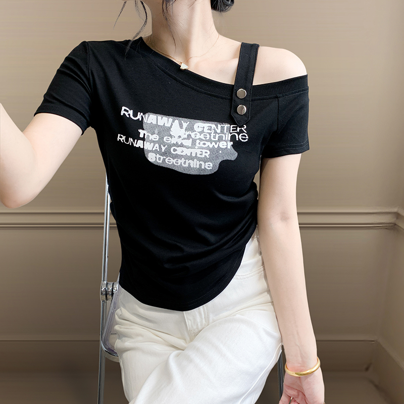 欧货性感露肩印花纯棉短袖T恤女
