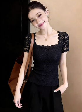 欧货小衫女2026夏季新款性感方领蕾丝花边短袖t恤紧身半袖上衣潮