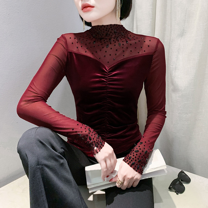 时髦女人味钉珠打底衫女秋冬新款半高领网纱丝绒长袖t恤修身上衣