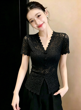 性感V领蕾丝衫女短袖2025夏季新款洋气下摆开叉上衣欧货修身小衫