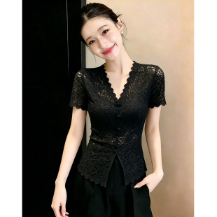 小衫 性感V领蕾丝衫 洋气下摆开叉上衣欧货修身 新款 女短袖 2025夏季