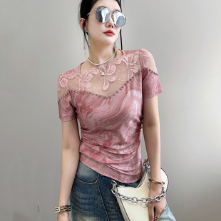洋气别致钉钻T恤女短袖 性感方领蕾丝花边上衣时尚 印花小衫 潮 夏季