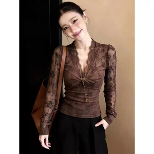 性感V领网纱T恤女长袖春秋新款气质扭结植绒印花上衣修身打底小衫