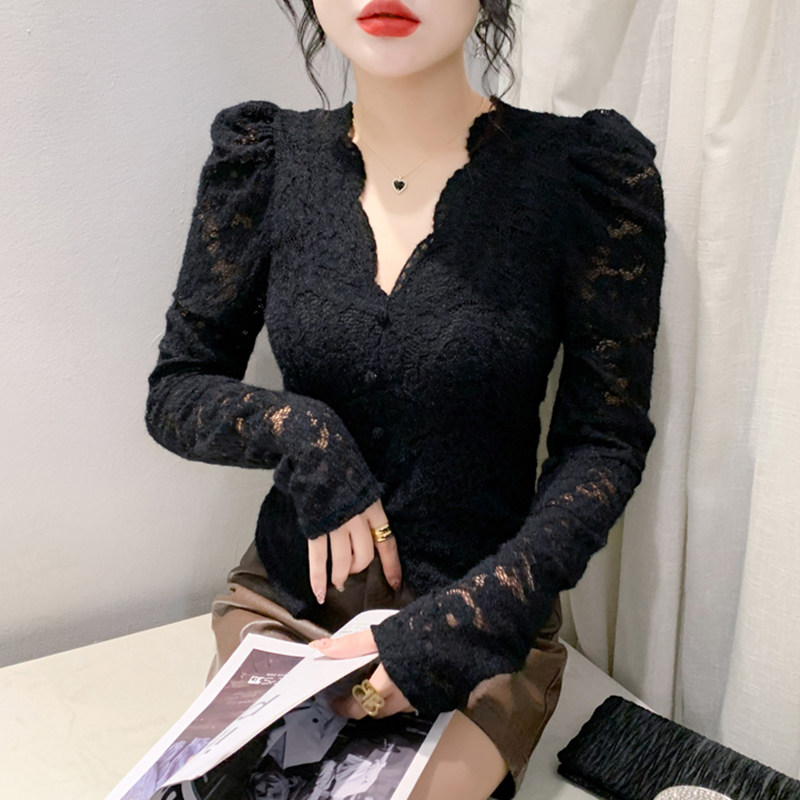 性感V领蕾丝加绒打底衫女