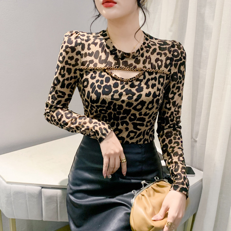 欧货豹纹网纱加绒加厚打底衫女