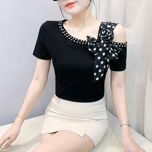 洋气系带闪钻上衣女夏装 体恤 性感一字领露肩短袖 T恤欧货纯棉半袖