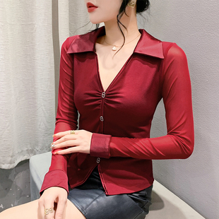 女长袖 时髦女人味打底衫 性感V领网纱拼接上衣不规则紧身t恤春秋潮
