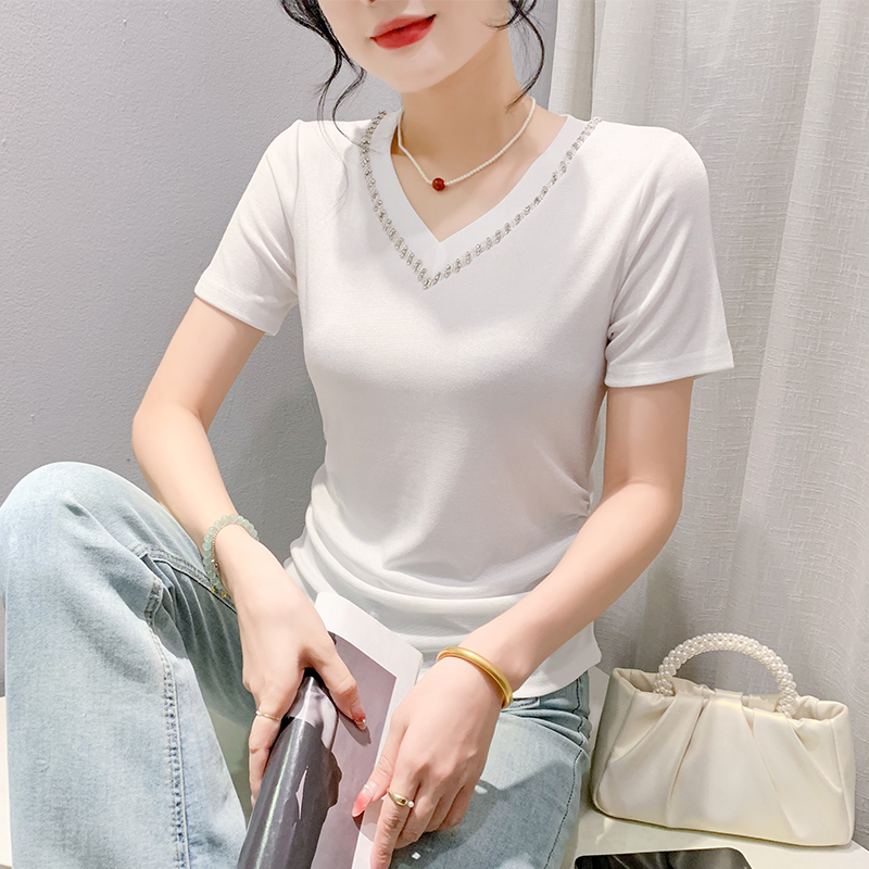 性感V领钉珠网纱短袖T恤女