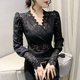 显瘦洋气打底小衫 春秋欧货气质上衣修身 女长袖 性感镂空V领蕾丝衫