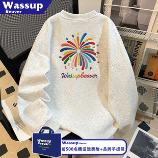 WASSUP BEAVER潮牌绚丽烟花圆领情侣款卫衣秋冬新款时尚加绒上衣