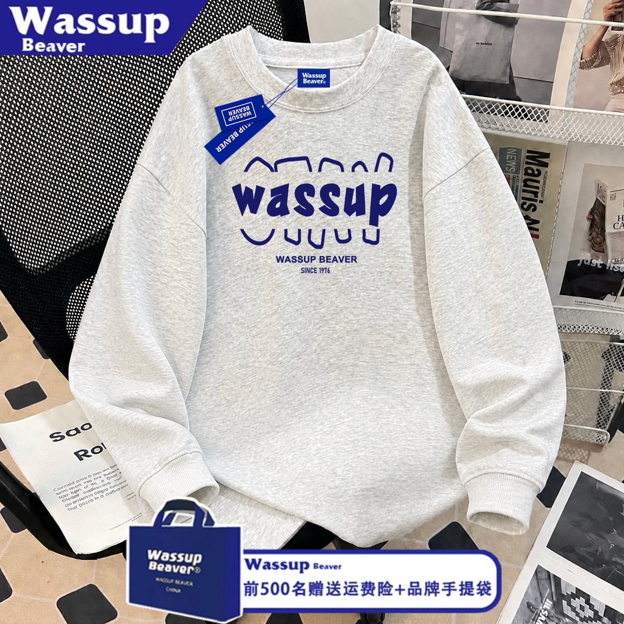 WASSUP BEAVER美式字母长袖T恤男女早秋新款宽松情侣简约圆领上衣